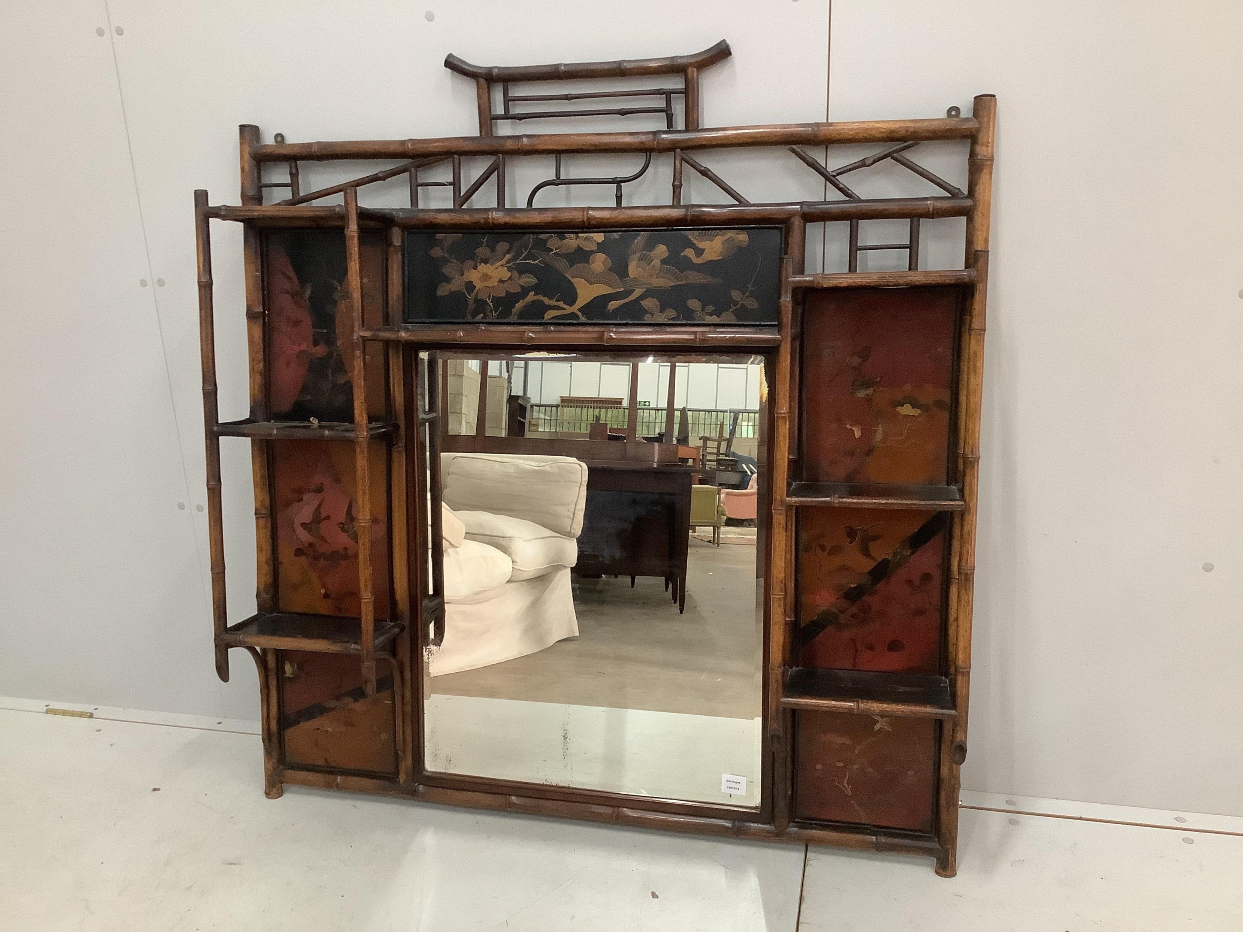 A late Victorian lacquered bamboo overmantel mirror, width 121cm, depth 16cm, height 129cm. Condition - fair
